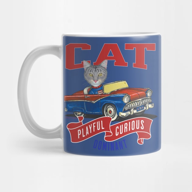 Humorous Funny and Cute gray Tabby kitty cat driving a vintage classic car to a parade with red white and blue flags by Danny Gordon Art